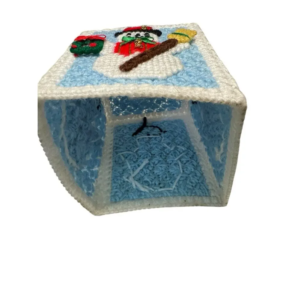 VTG Needle Point Plastic Frosty Snowman Tissue Box Cover Completed Grannycore